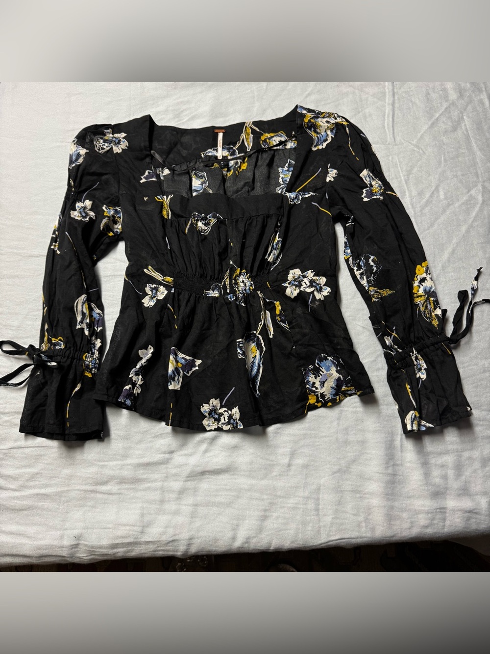 Free People Black Floral Square-Neck Peplum Blouse